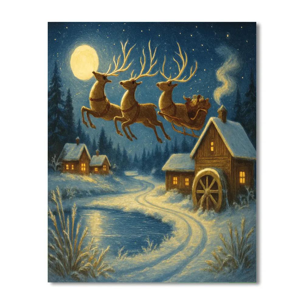 Midnight Reindeer Over The Mill Pond Paint by numbers art