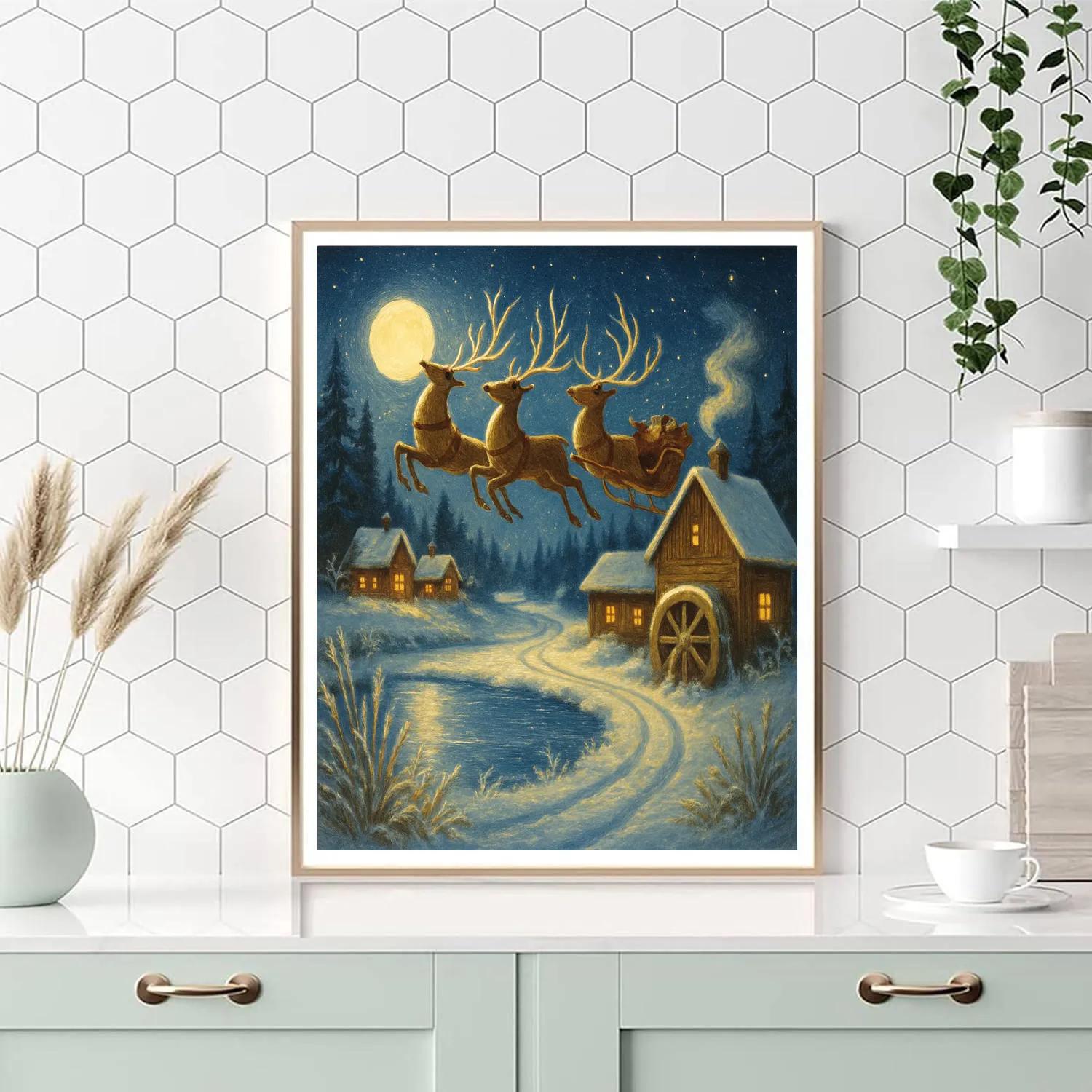 Midnight Reindeer Over The Mill Pond Paint by numbers art