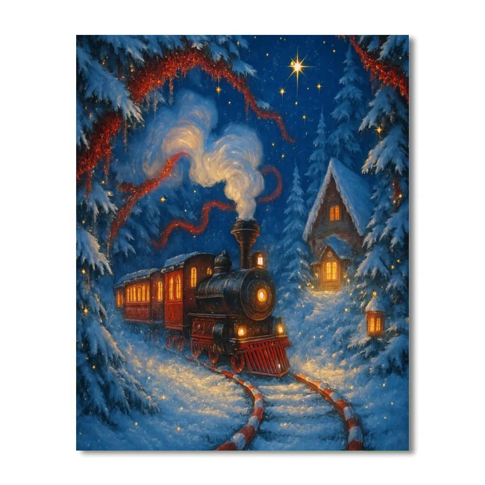 Peppermint Train Through Tinseled Pines Paint by numbers art