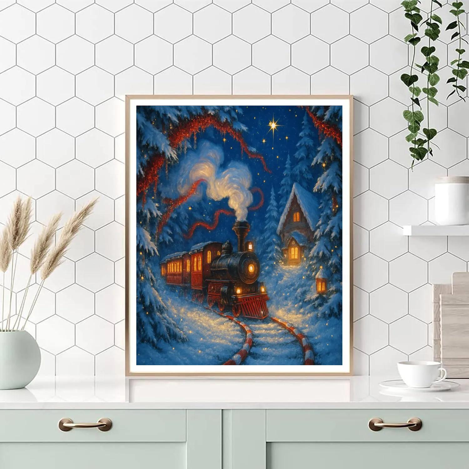 Peppermint Train Through Tinseled Pines Paint by numbers art