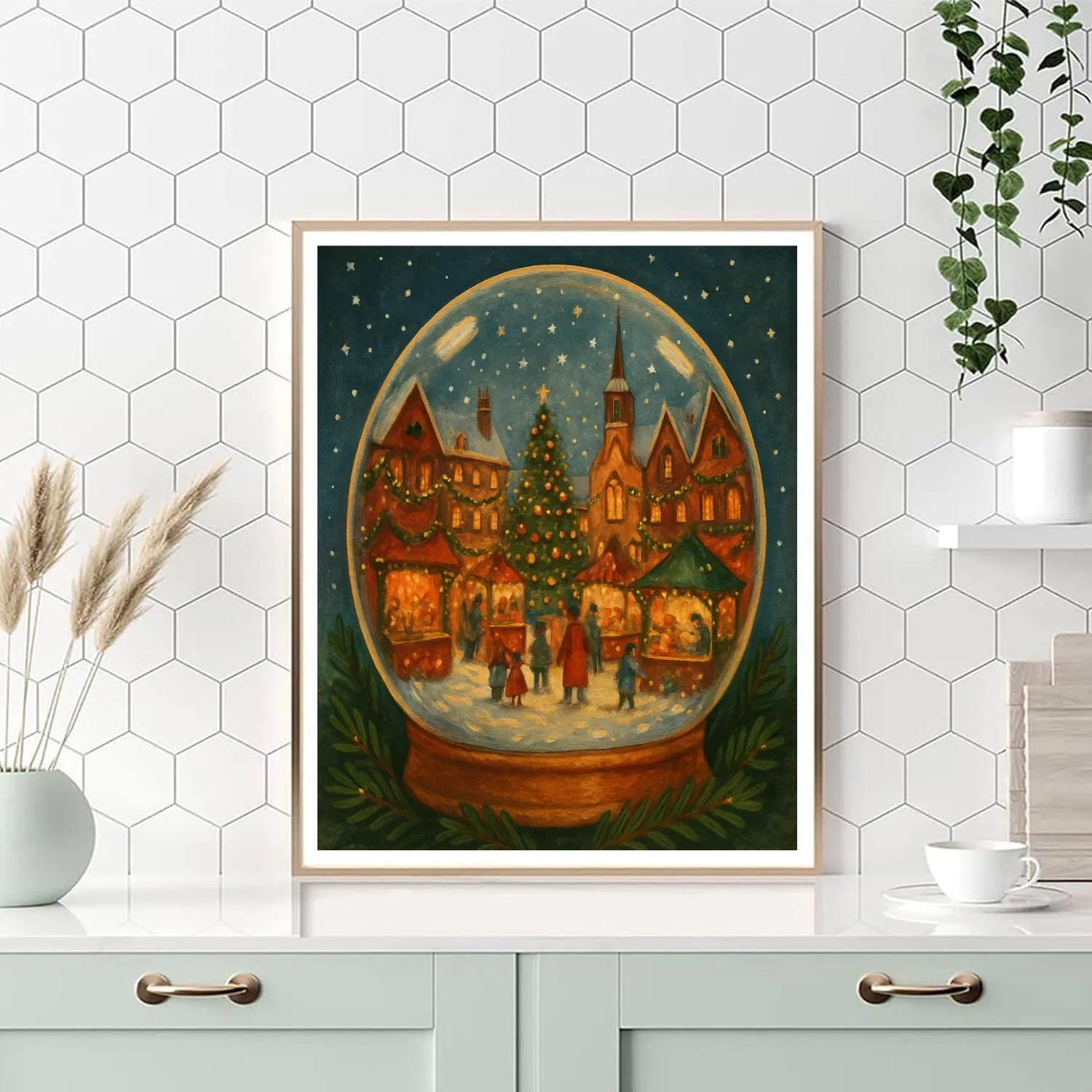 Moonlit Snow Globe Town Square paint by numbers