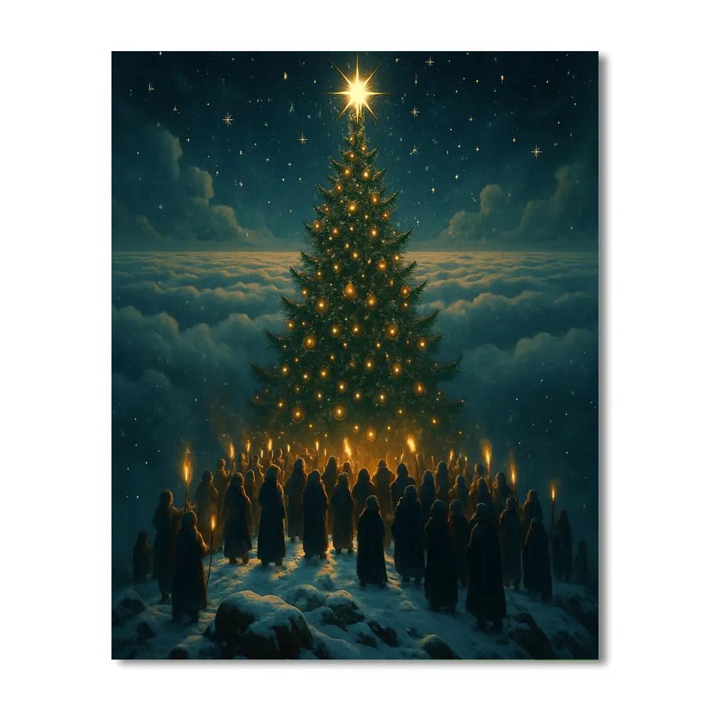 Mountaintop Tree Lighting Above The Clouds painting number kit