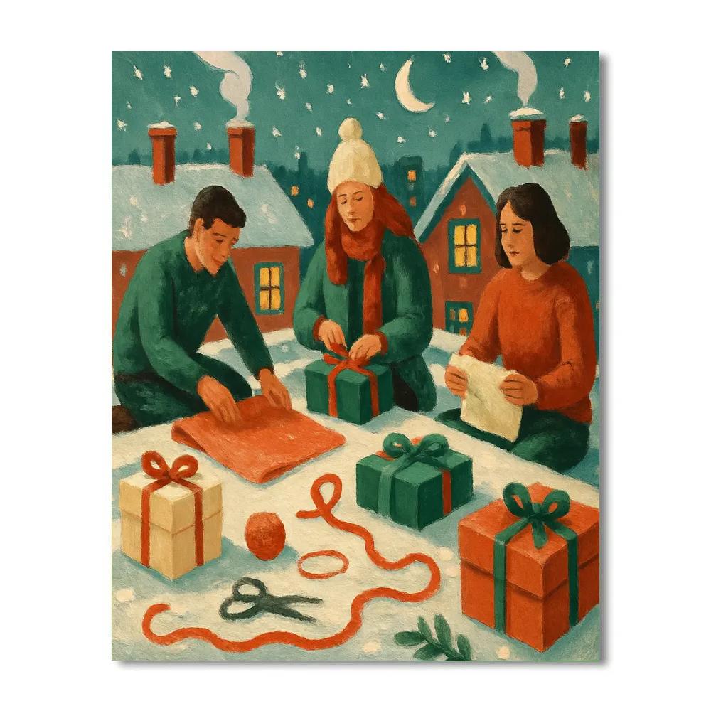 Rooftop Gift Wrappers Under Snowy Chimneys Number painting