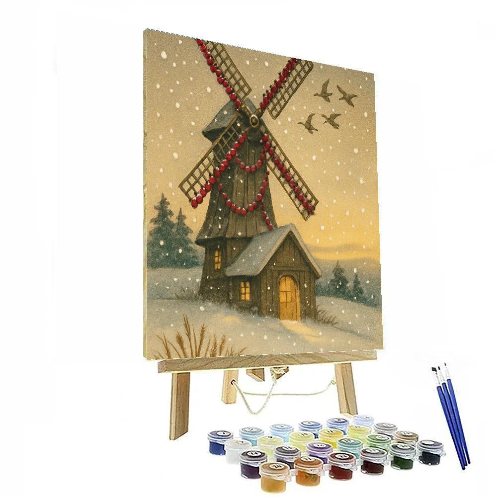 Snowy Windmill With Cranberry Garlands Paint by numbers art