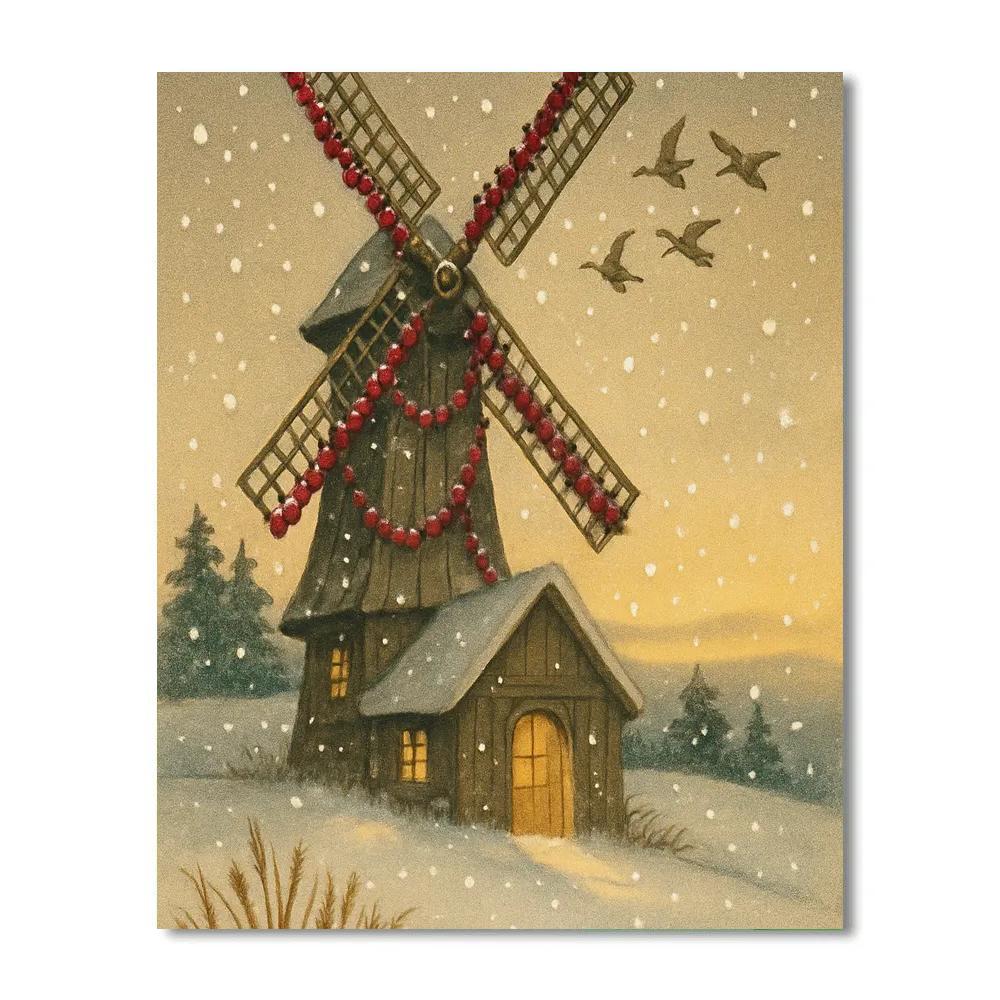 Snowy Windmill With Cranberry Garlands Paint by numbers art