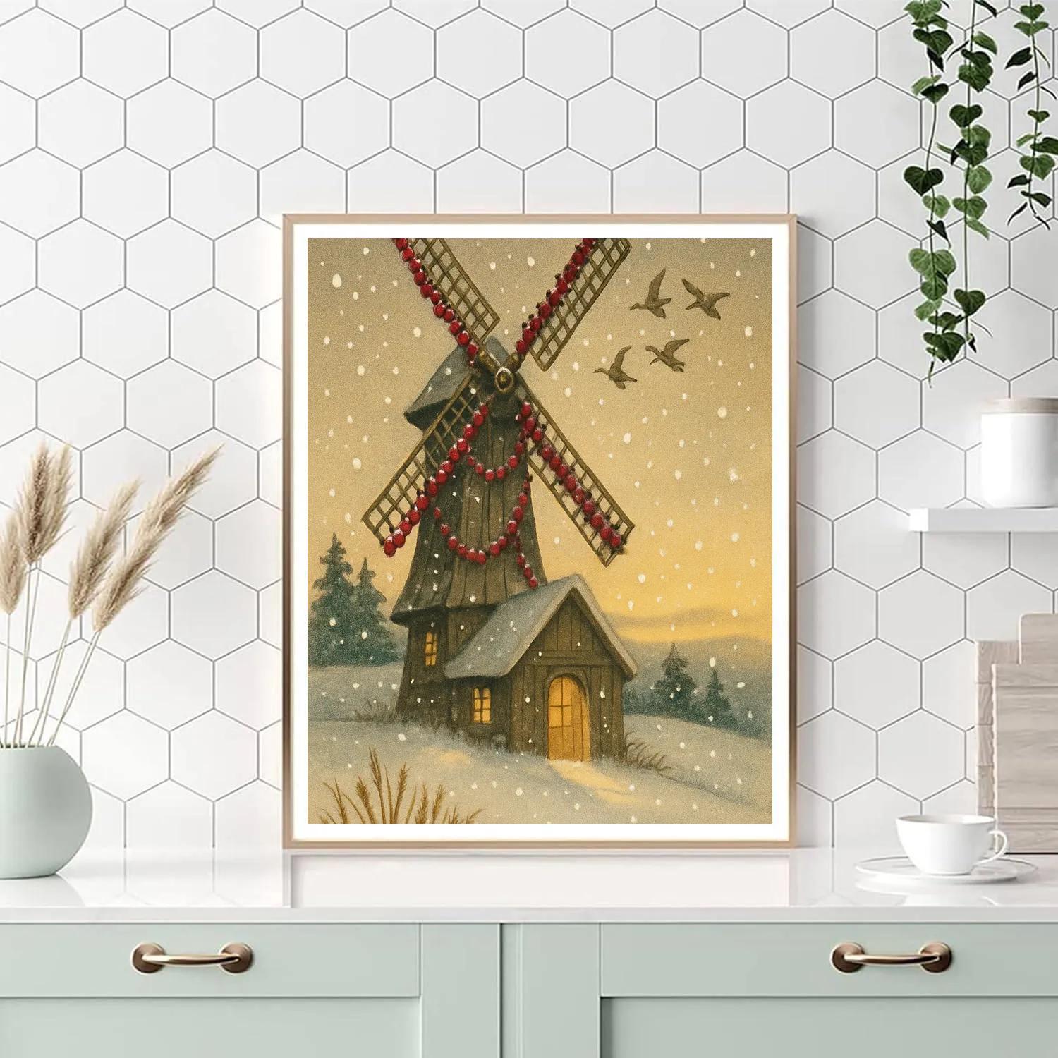 Snowy Windmill With Cranberry Garlands Paint by numbers art