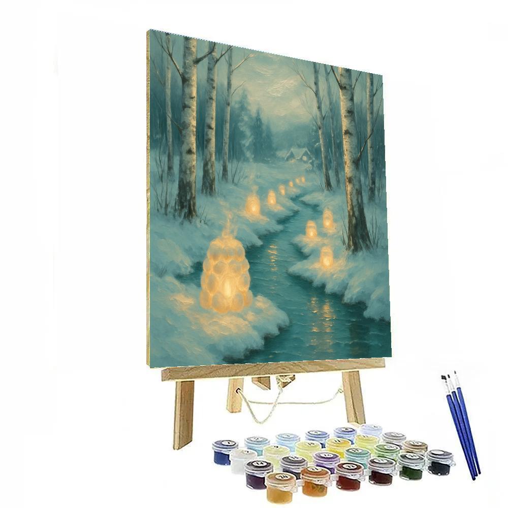 Snow Lanterns Along The Frozen Stream paint by number