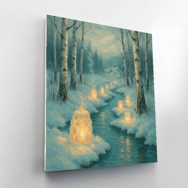 Snow Lanterns Along The Frozen Stream paint by number