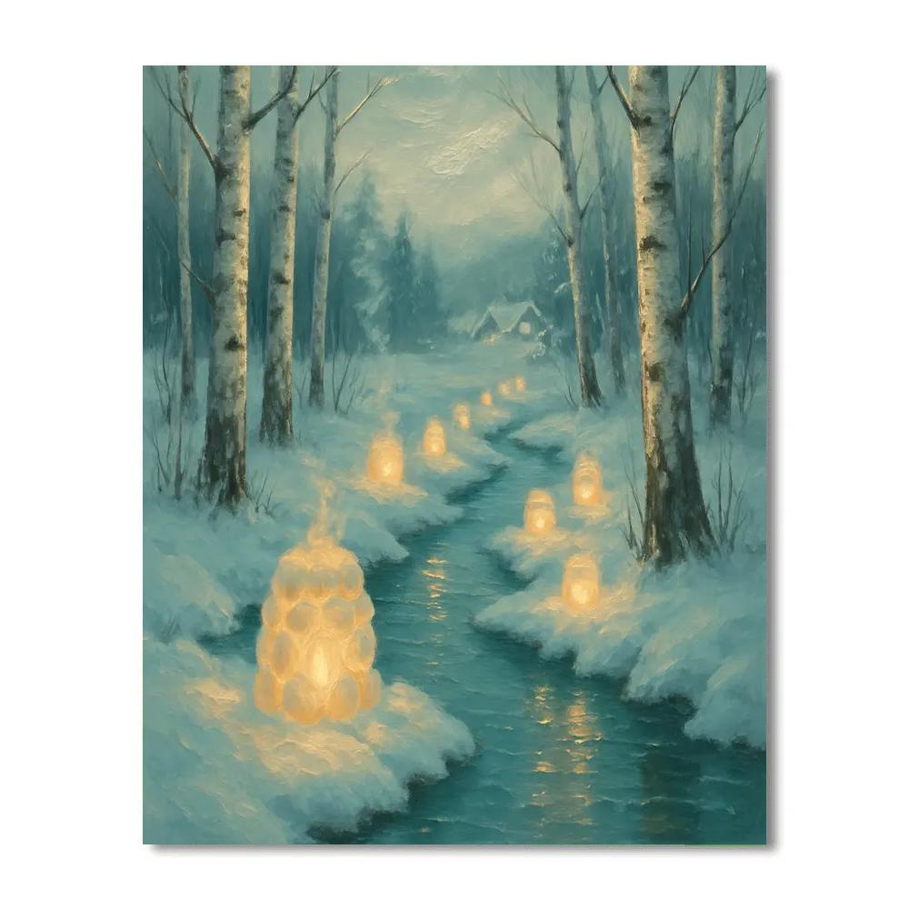 Snow Lanterns Along The Frozen Stream paint by number
