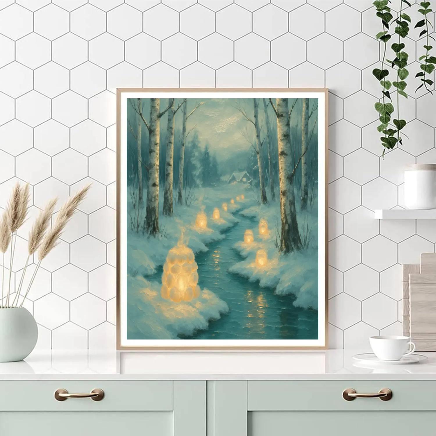 Snow Lanterns Along The Frozen Stream paint by number