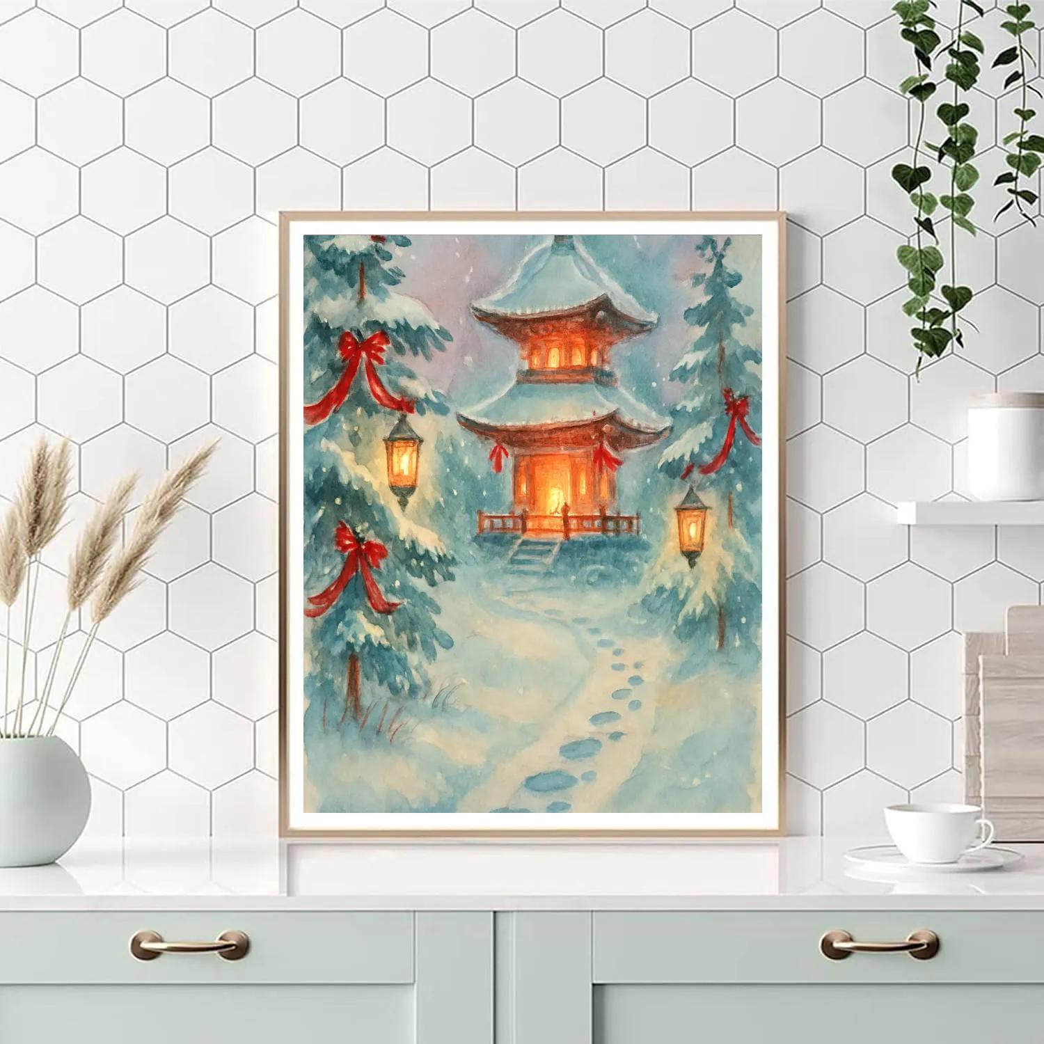 Candlelit Pagoda In Winter Garden Paint by numbers kits