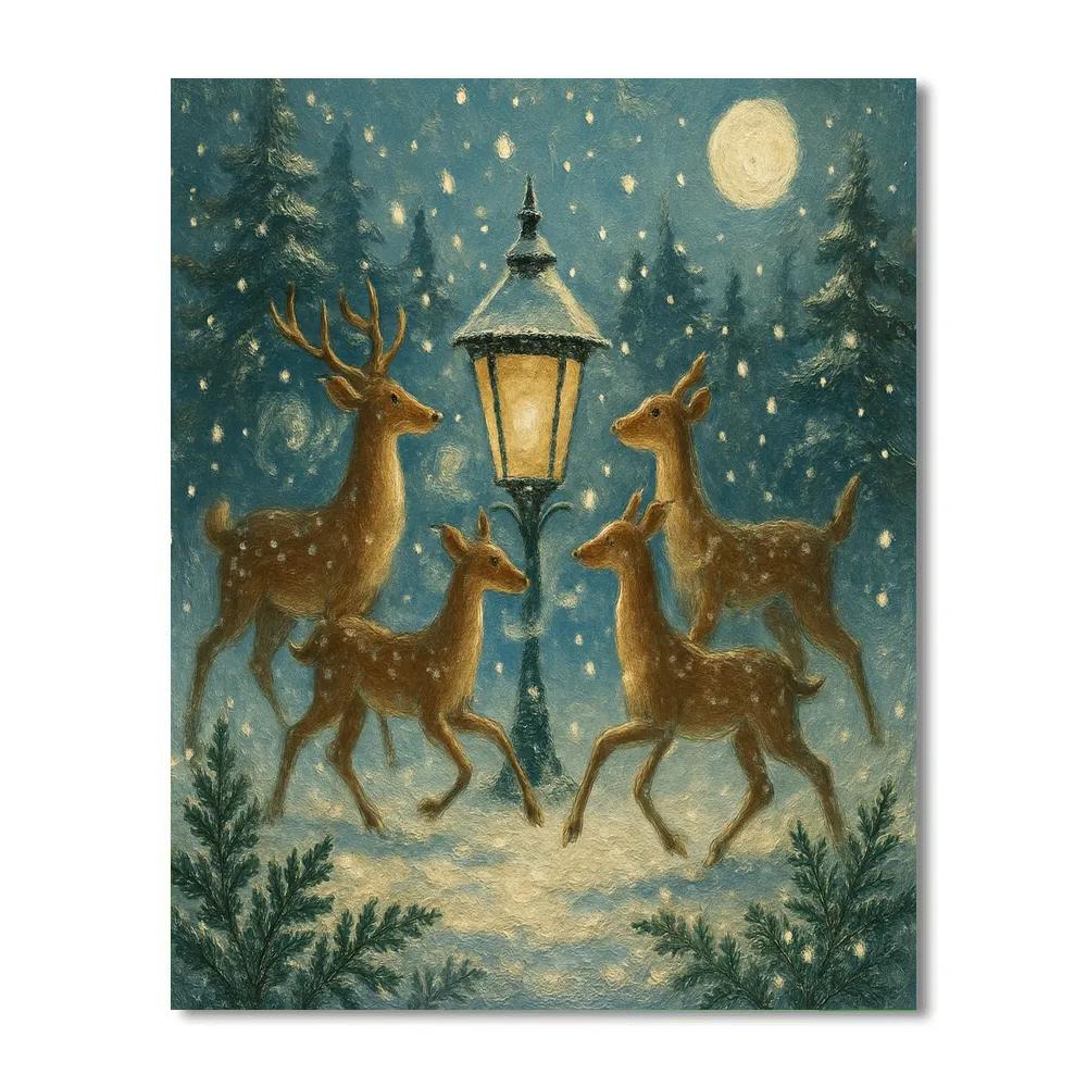 Snowy Meadow Deer Lantern Waltz Painting by numbers kit
