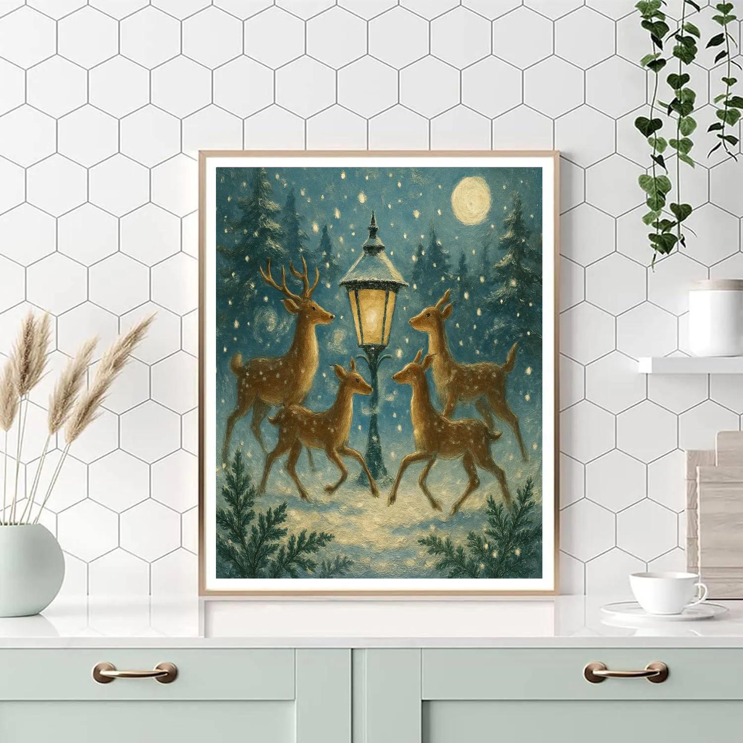 Snowy Meadow Deer Lantern Waltz Painting by numbers kit