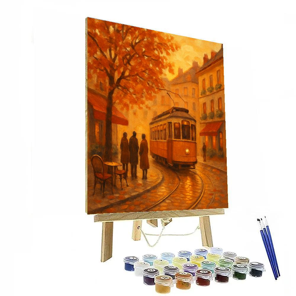 Golden Hour Tramline Through Autumn Courtyards Numbered painting kits