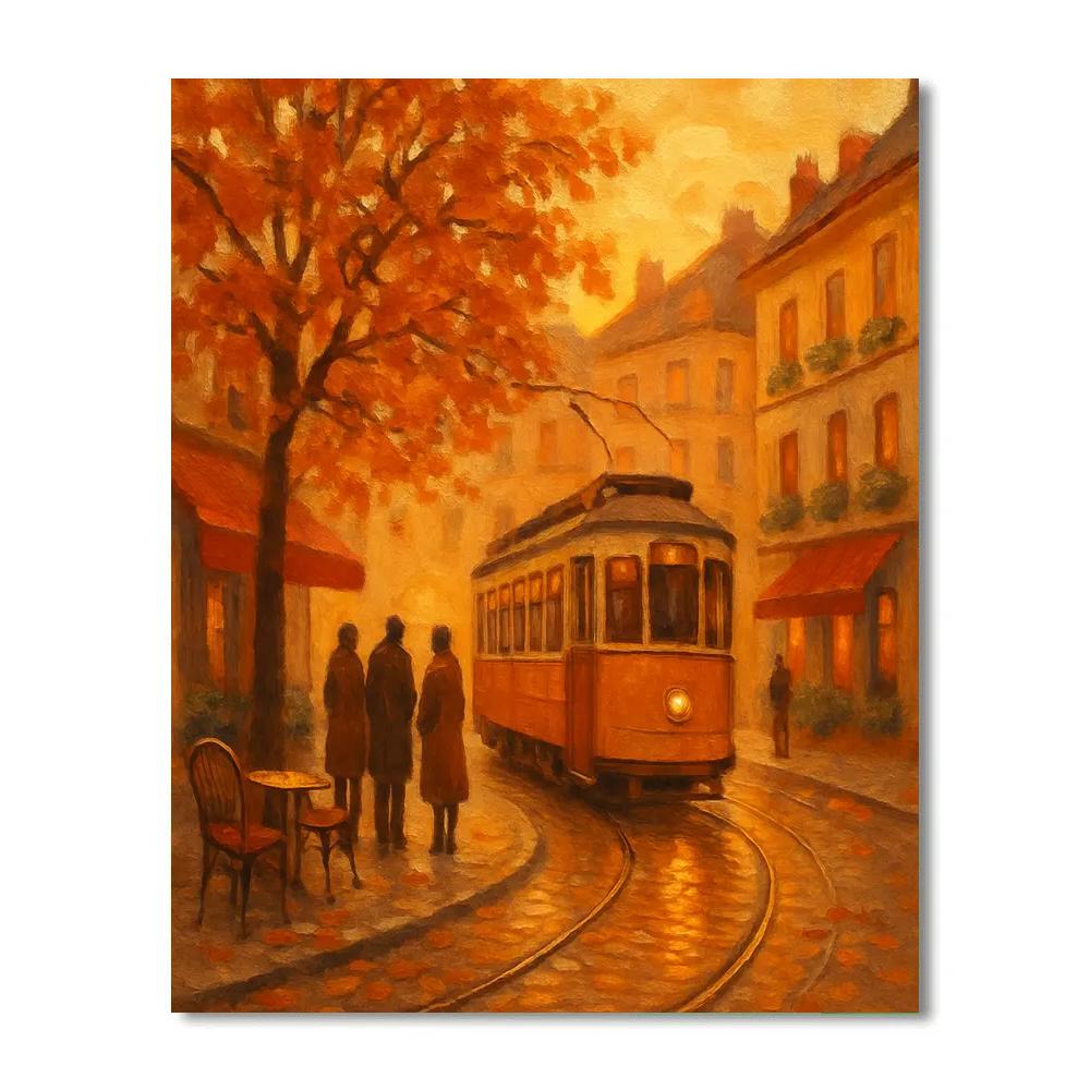 Golden Hour Tramline Through Autumn Courtyards Numbered painting kits