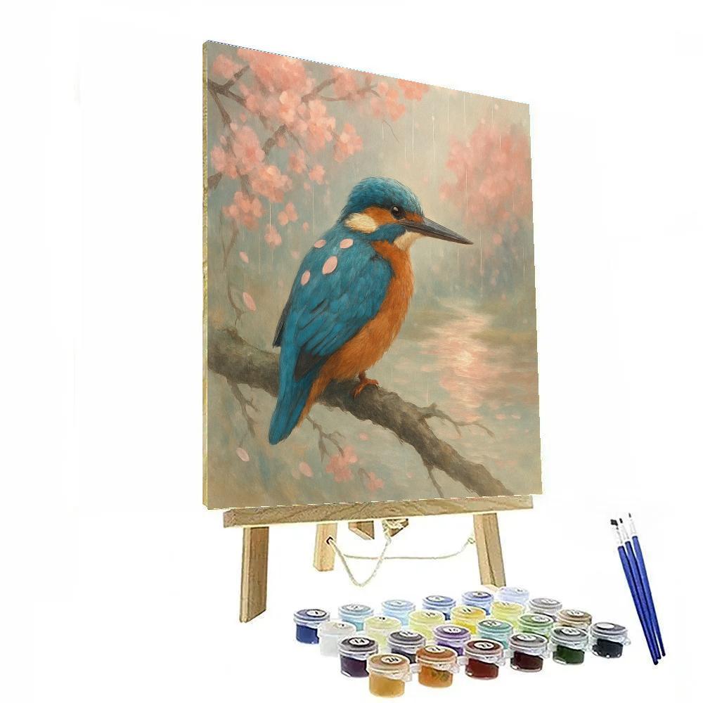 Cherry Blossom Rain And The Patient Kingfisher paint by color