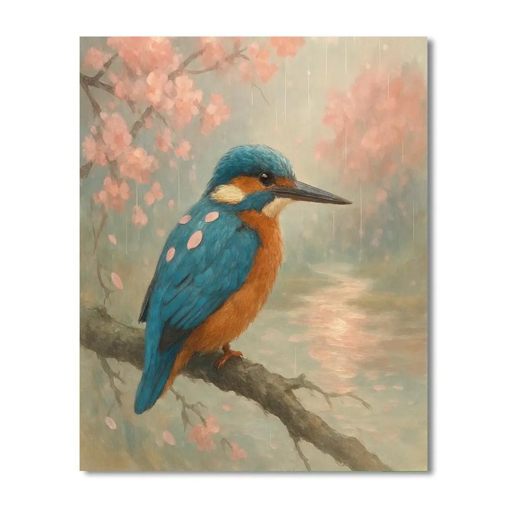 Cherry Blossom Rain And The Patient Kingfisher paint by color