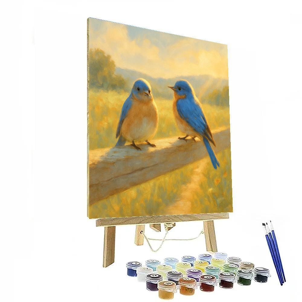 Golden Meadow Bluebirds On A Sunlit Fence Numbered painting kits