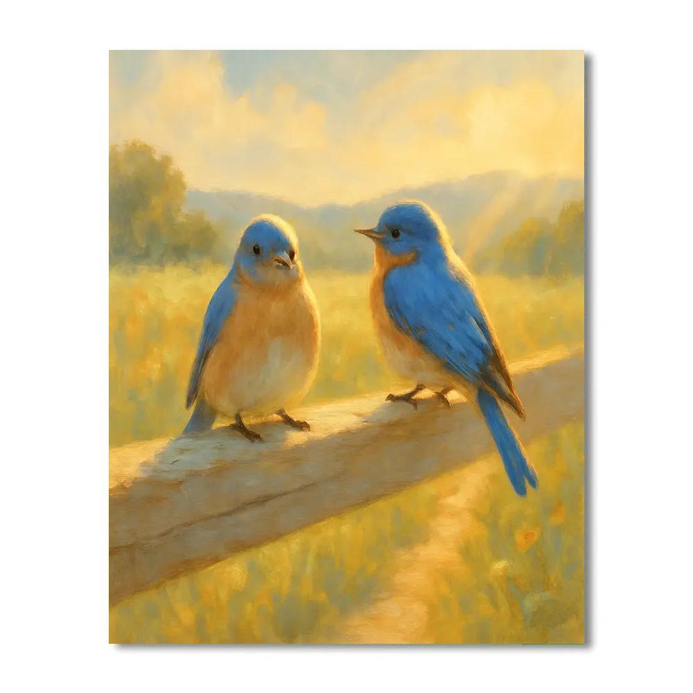 Golden Meadow Bluebirds On A Sunlit Fence Numbered painting kits