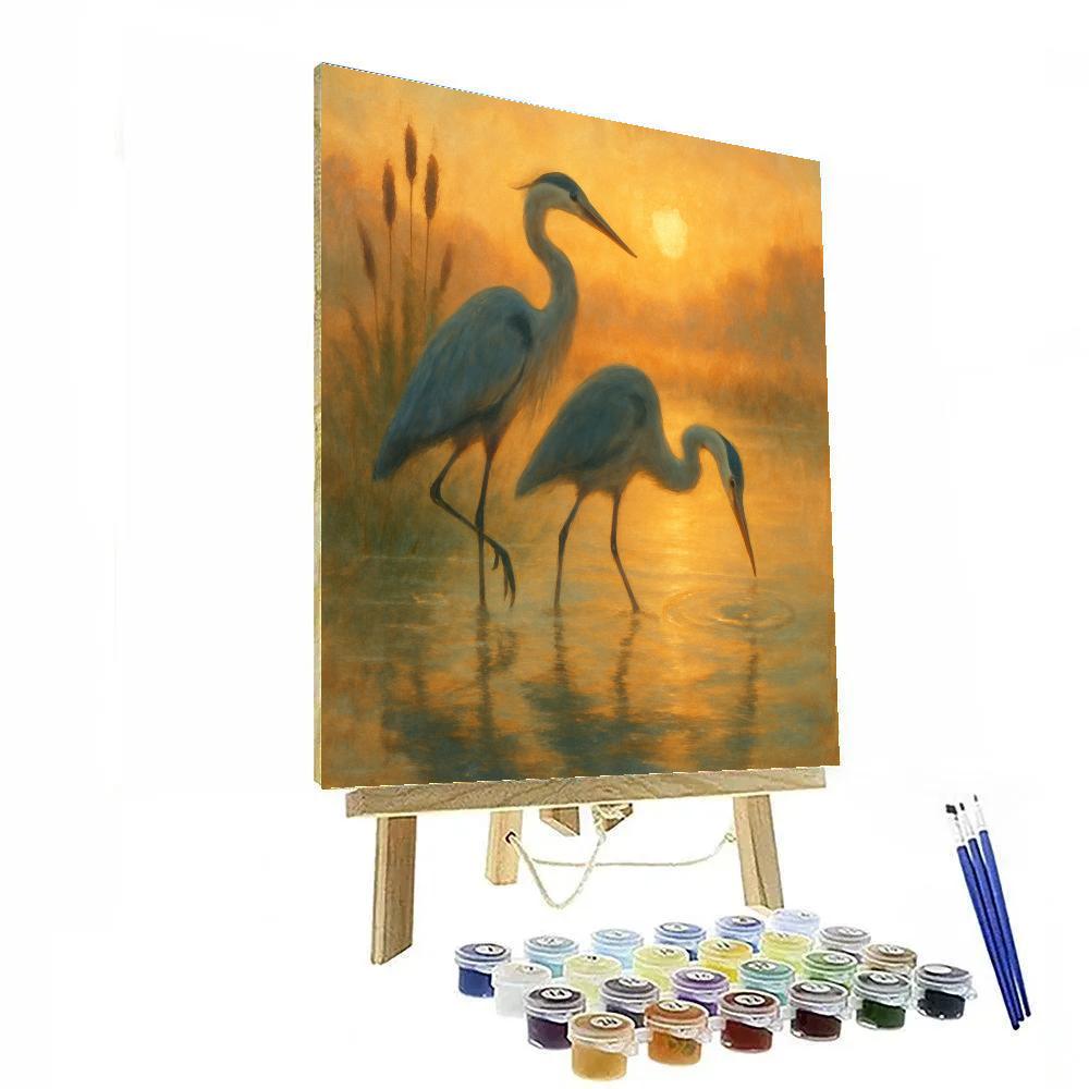 Marsh Sunrise Herons In Amber Mist DIY paint by numbers