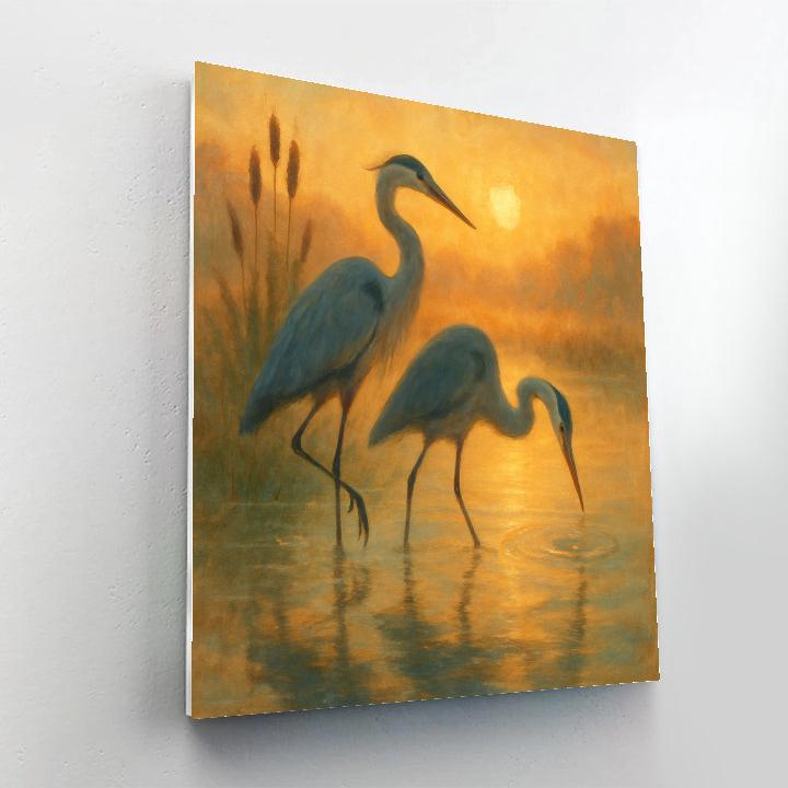 Marsh Sunrise Herons In Amber Mist DIY paint by numbers