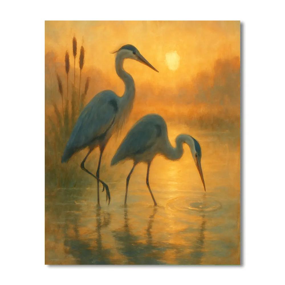 Marsh Sunrise Herons In Amber Mist DIY paint by numbers