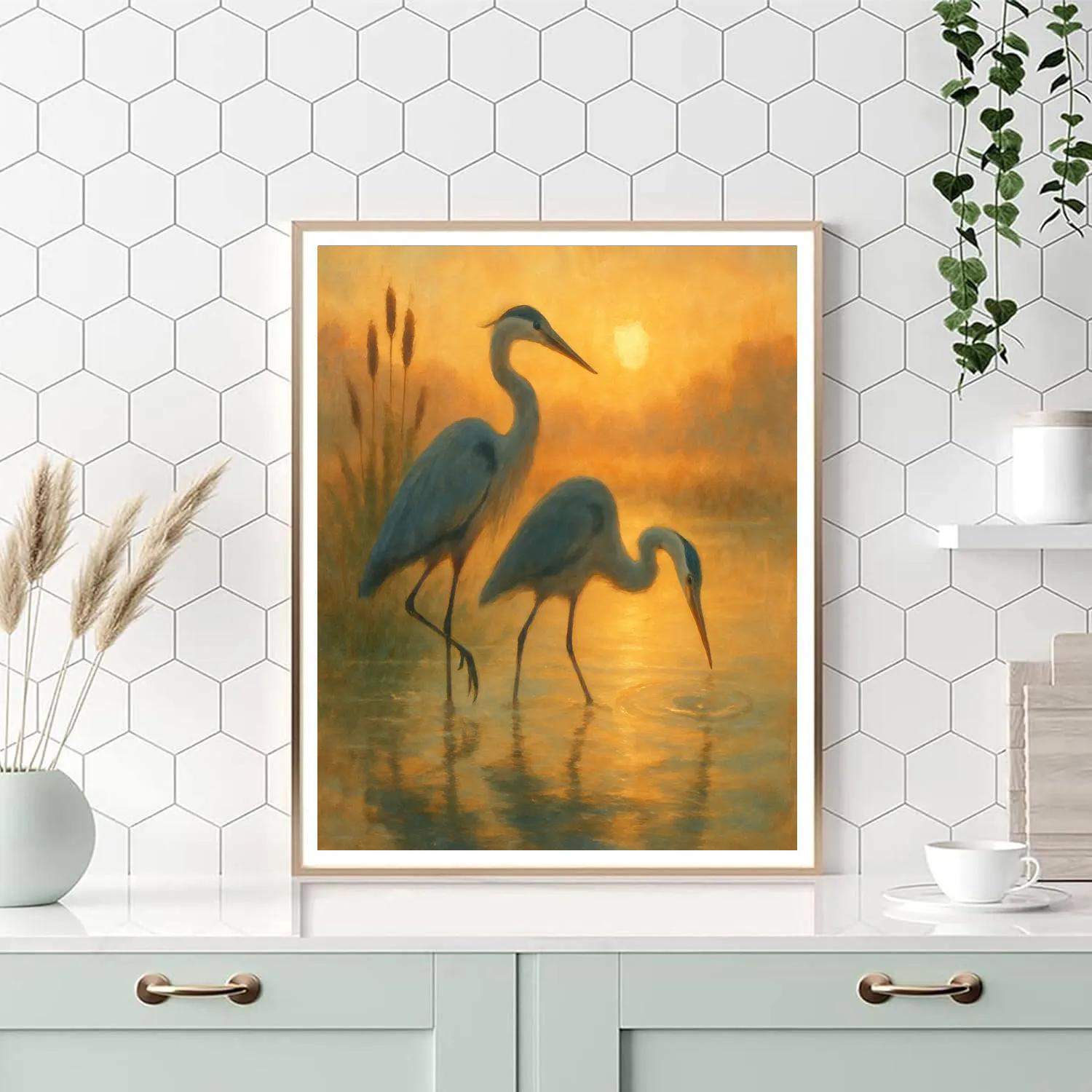 Marsh Sunrise Herons In Amber Mist DIY paint by numbers