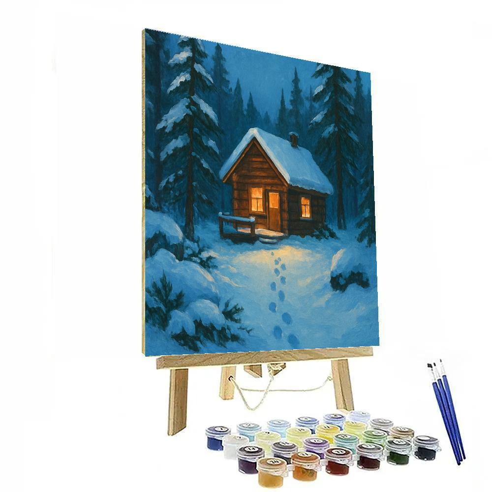 Cedar Cabin In Snowy Blue Hour Paint by numbers art