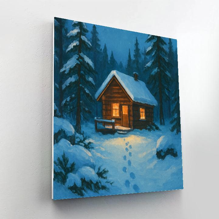 Cedar Cabin In Snowy Blue Hour Paint by numbers art