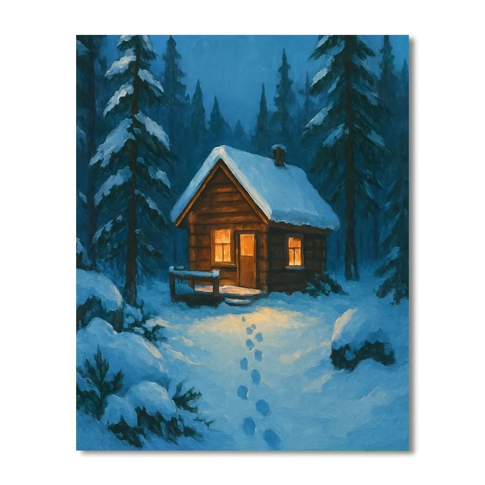 Cedar Cabin In Snowy Blue Hour Paint by numbers art
