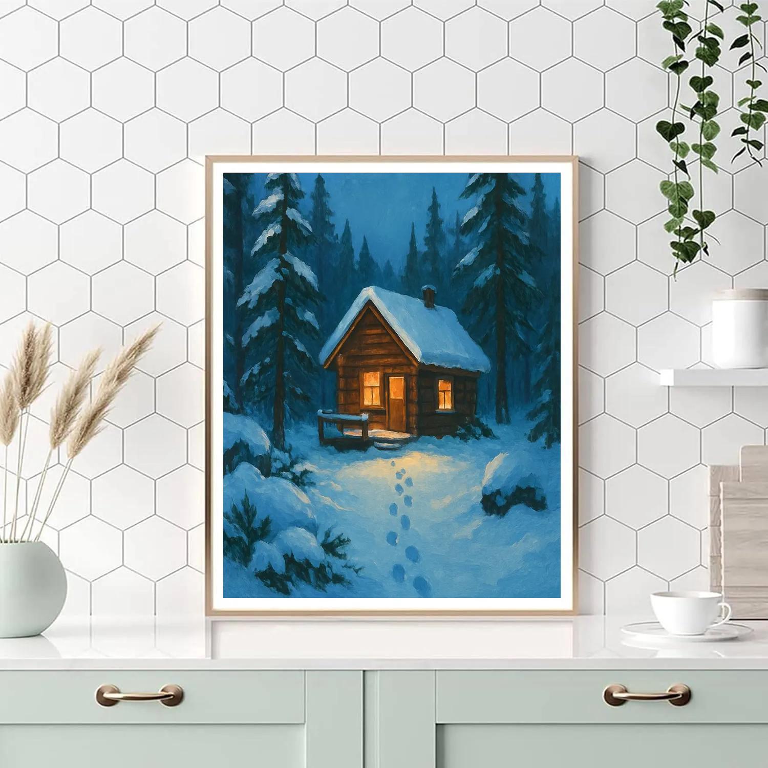 Cedar Cabin In Snowy Blue Hour Paint by numbers art