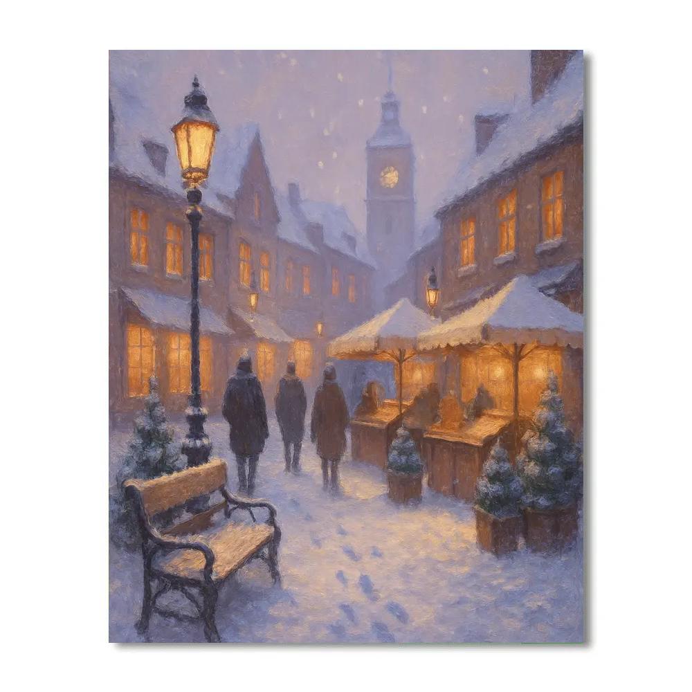 Snowy Market Street Under Soft Window Glow DIY paint by numbers