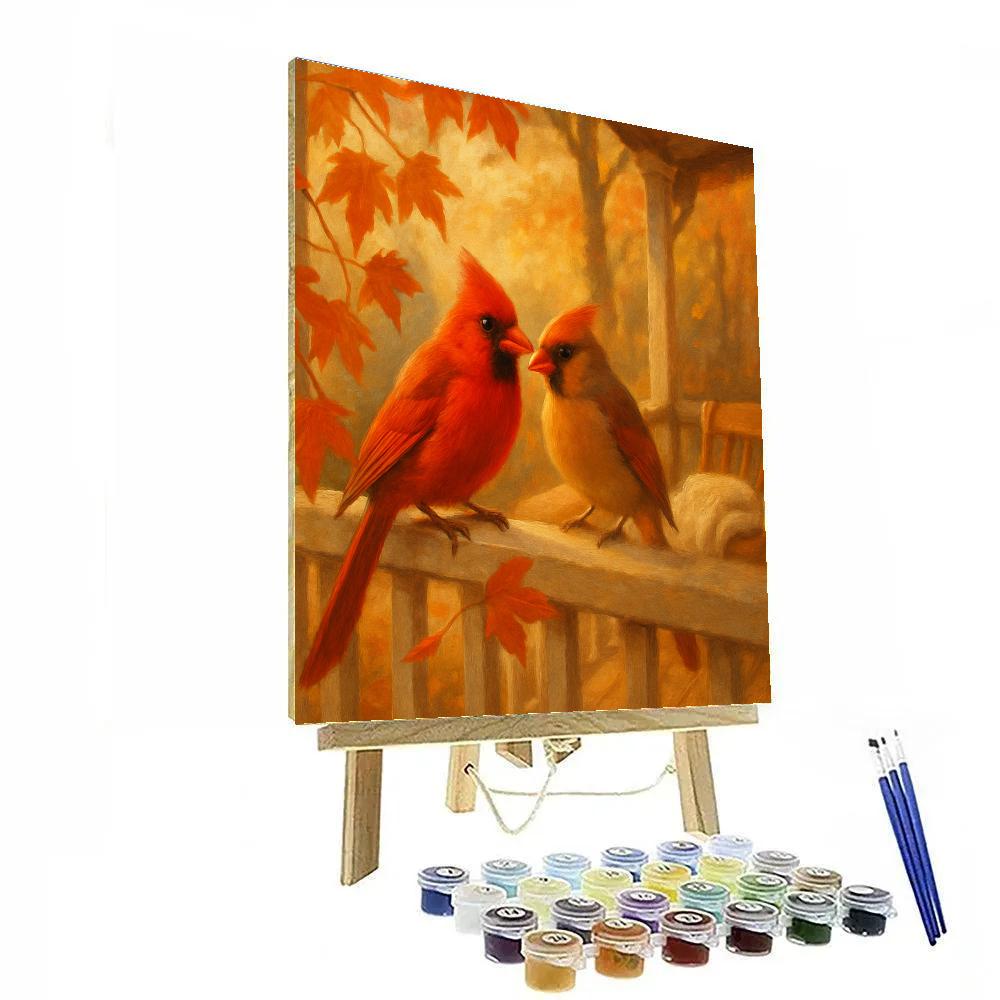 Autumn Porch Cardinals Among Maple Leaves painting number kit
