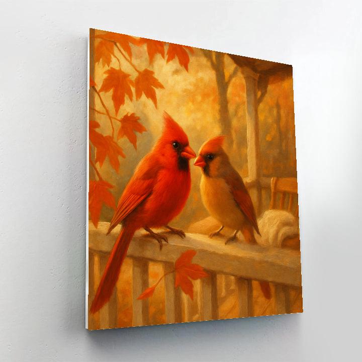Autumn Porch Cardinals Among Maple Leaves painting number kit