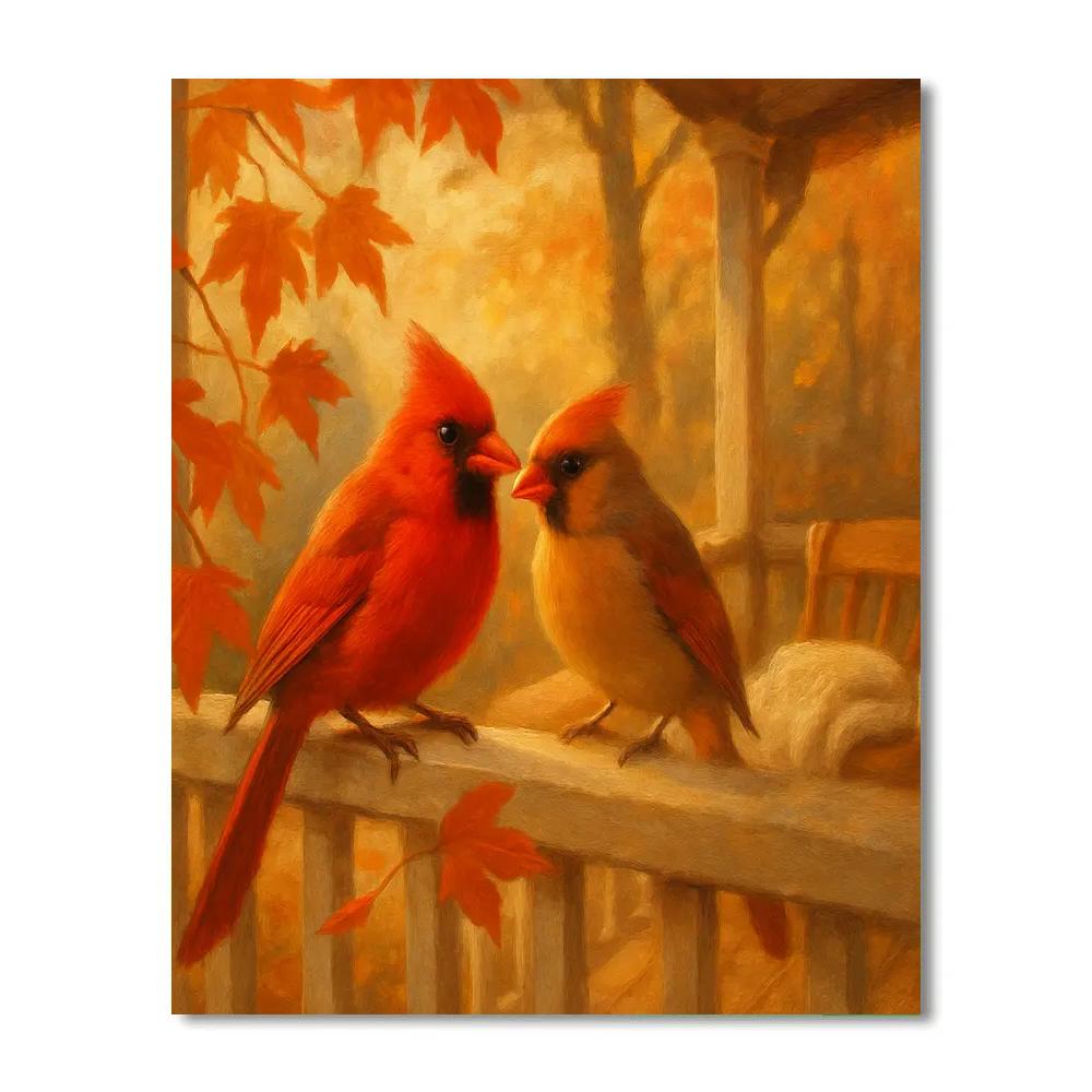 Autumn Porch Cardinals Among Maple Leaves painting number kit