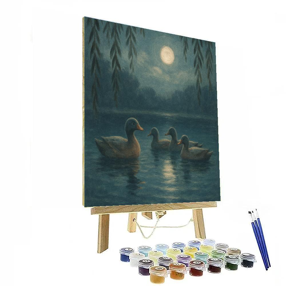 Moonlit Pond Ducks Under Willow Curtains painting number kit