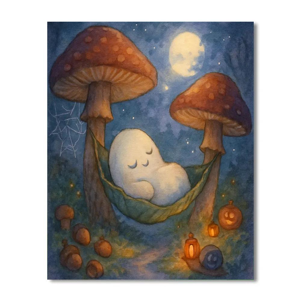 Mushroom Moon Garden With A Sleeping Ghost paint by number