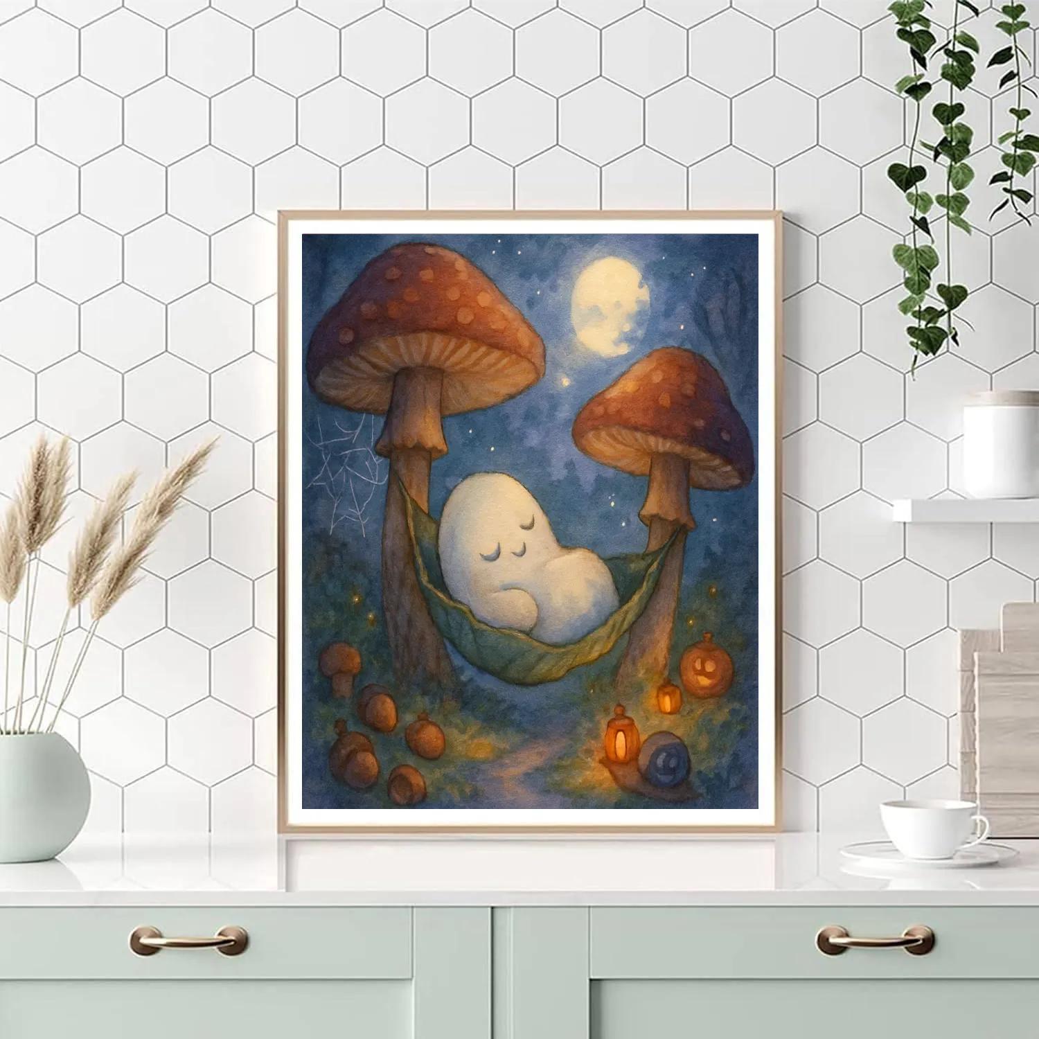 Mushroom Moon Garden With A Sleeping Ghost paint by number