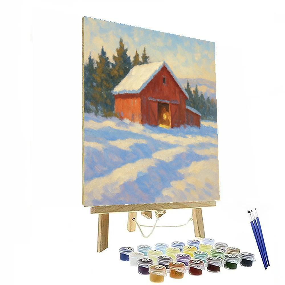 Sunlit Red Barn And Snow Dusted Windbreak Paint by numbers kits