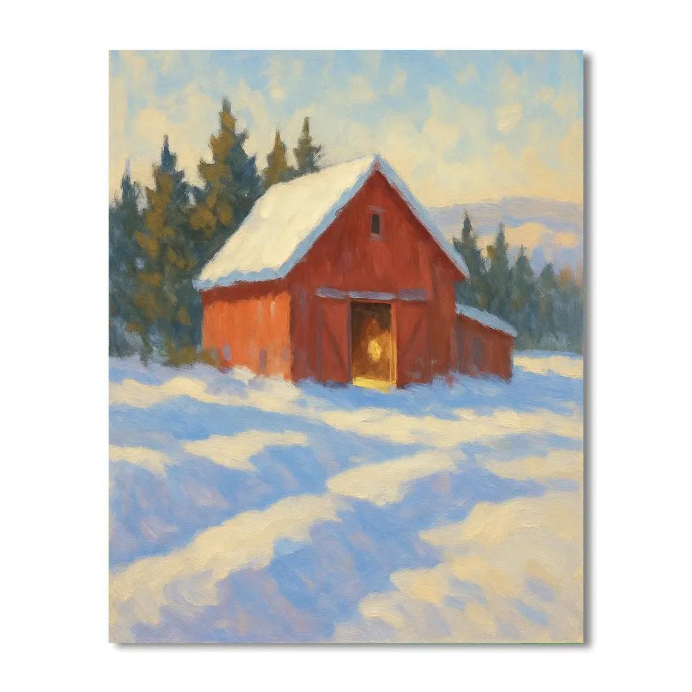 Sunlit Red Barn And Snow Dusted Windbreak Paint by numbers kits
