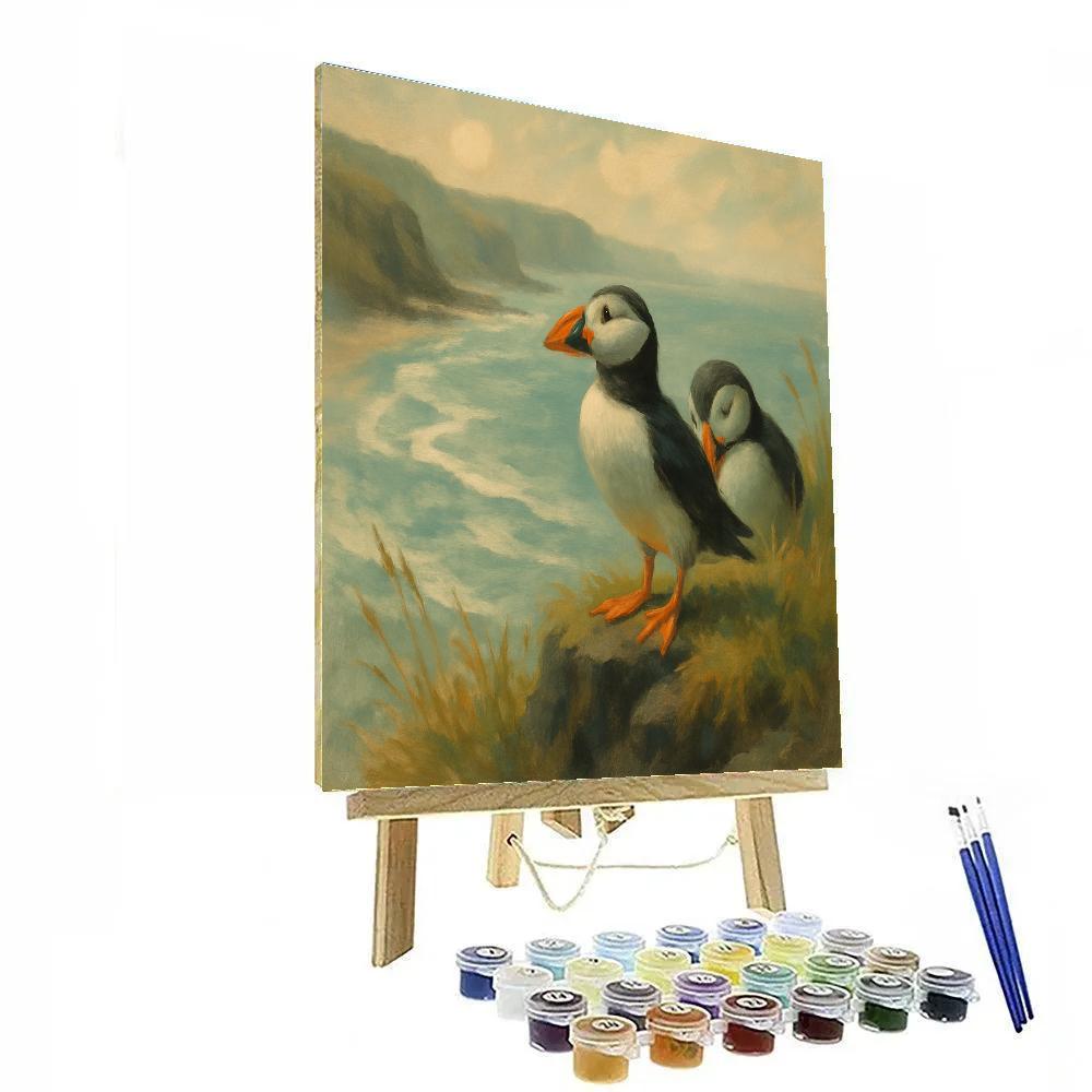Rocky Coast Puffins In A Sea Wind Lull Number painting