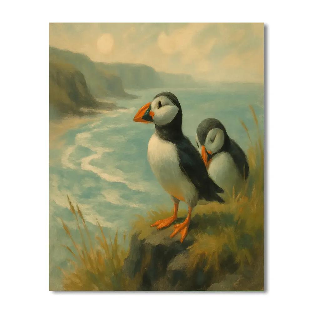 Rocky Coast Puffins In A Sea Wind Lull Number painting