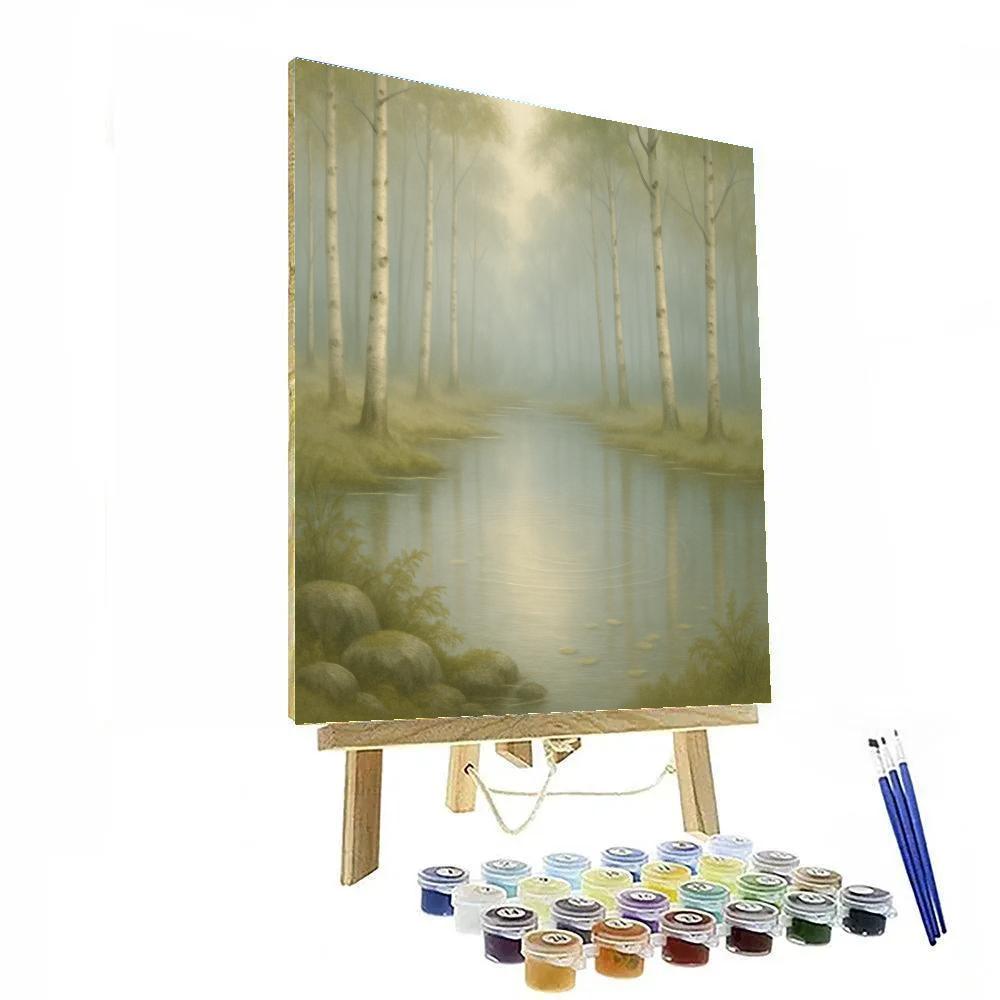 Foggy Birch Grove And Glassy Pond DIY paint by numbers
