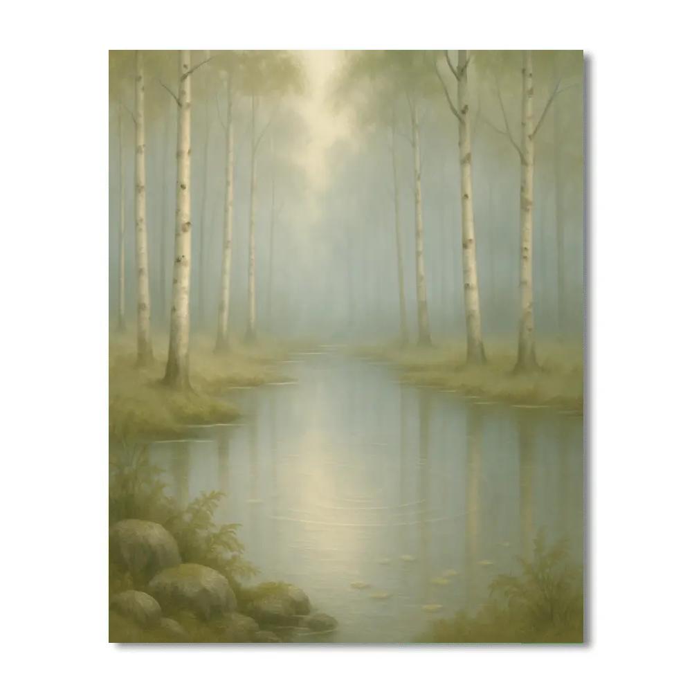 Foggy Birch Grove And Glassy Pond DIY paint by numbers