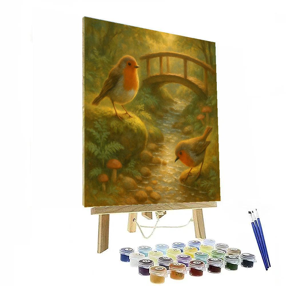 Mossy Brook Robins At The Woodland Footbridge paint by color