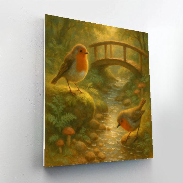 Mossy Brook Robins At The Woodland Footbridge paint by color