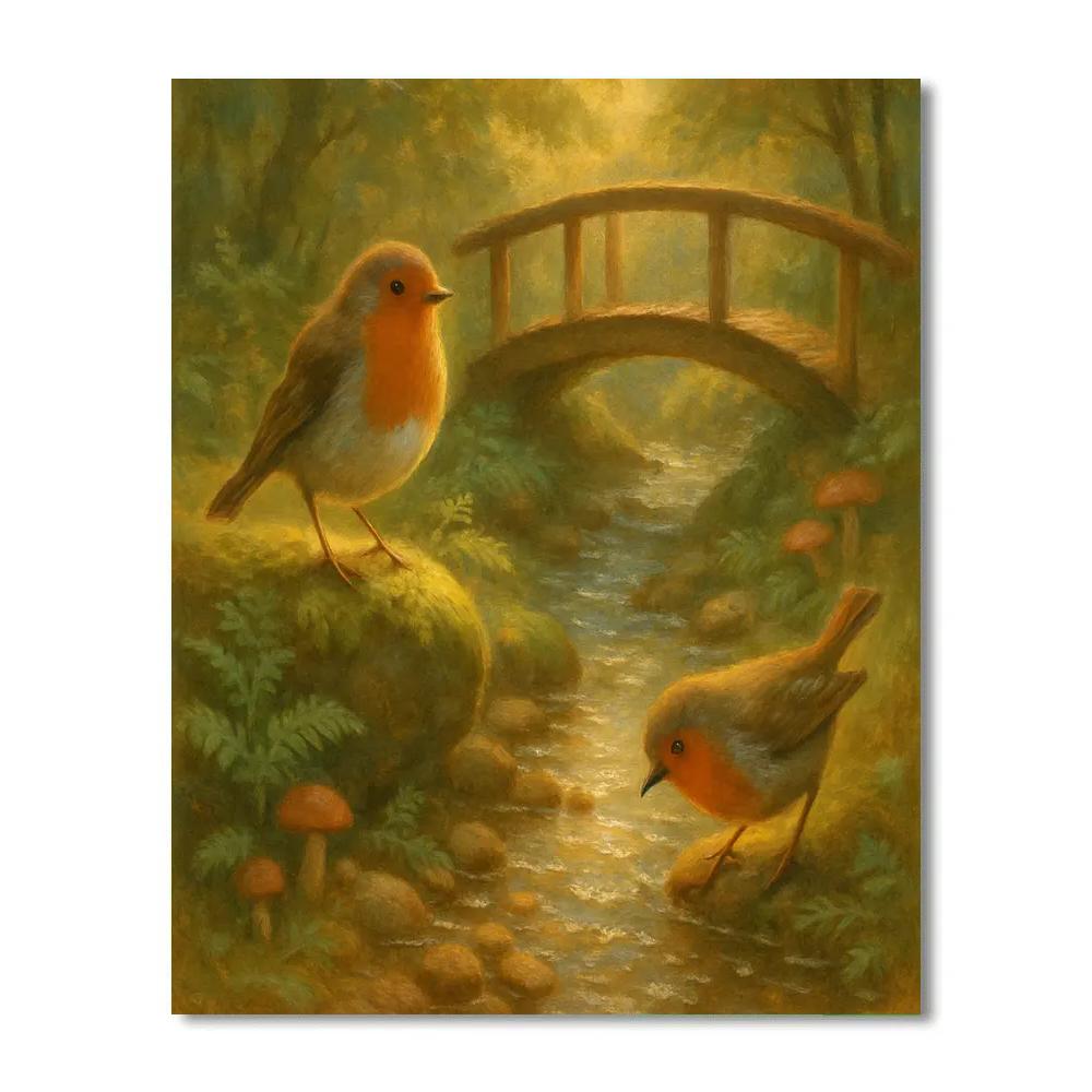 Mossy Brook Robins At The Woodland Footbridge paint by color