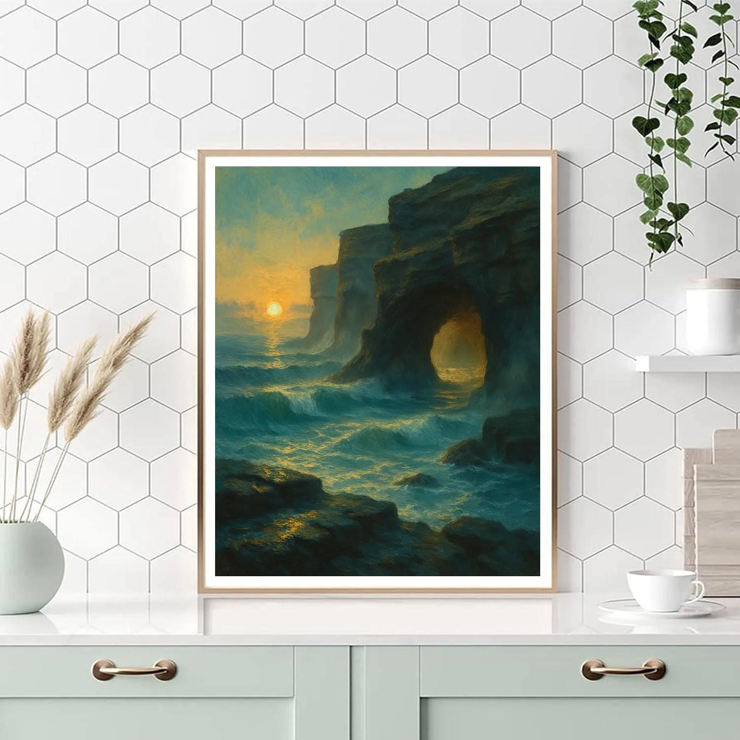 Cliffside Sea Caves At Golden Tide Numbered painting kits