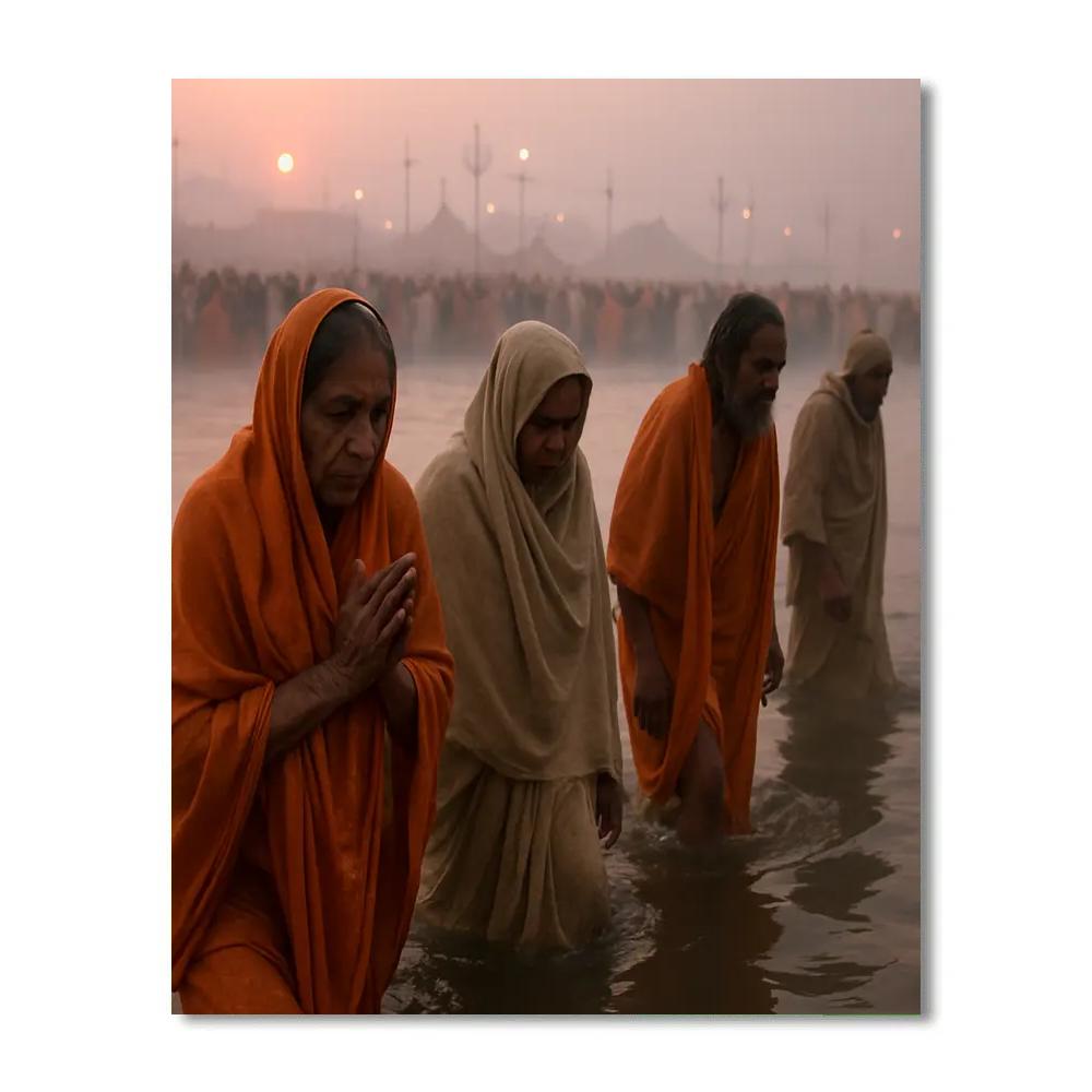 Kumbh Mela Pilgrims At Triveni Sangam Prayagraj Dawn paint by number