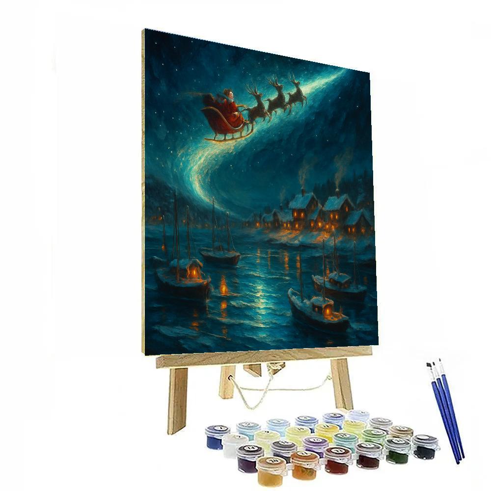 Midnight Sleigh Over Frozen Harbor paint by number